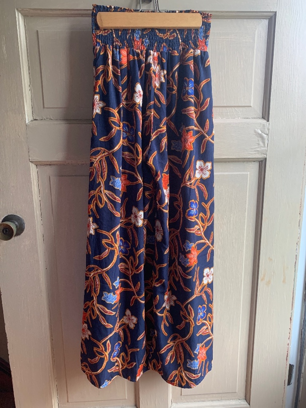 Navy Flare Floral Dress Pants with Elastic Waist